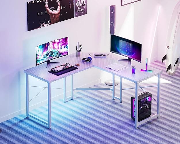 Casaottima 51 Inch L Shaped Gaming Desk, Compact Corner Computer Table, Stable Writing Workstation for Small Spaces, Home Office & Streaming Setup, Easy Assembly, Carbon Fiber Surface, White thumbnail 7