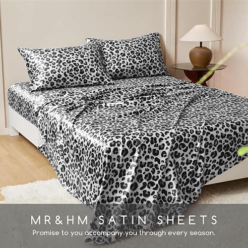 MR&HM Satin Sheets with Elastic Corner Straps, Full Size Sheets Set, 4 Pcs Silky Bedding Set with 15 Inches Deep Pocket for Mattress (Full, White Leopard) thumbnail 7
