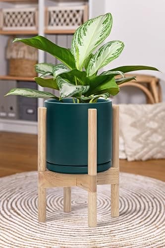 D'vine Dev Ceramic Planter with Natural Stand - 8 Inch Modern Round Flower Pot with Wood Planter Holder, Teal, 55-B-N-4 thumbnail 6