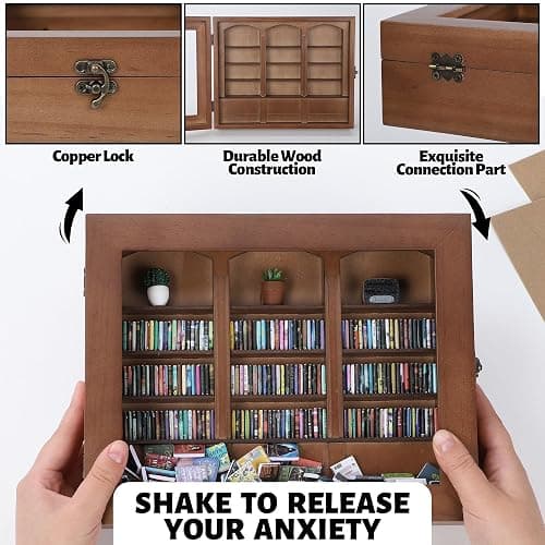CapyBud Anxiety Bookshelf Mini Books Display for Stress Relief and Fun Decor Small Decorative Miniature Library Potted Plants Mini Radio for Book Lovers Gifts, Home, Office Decor, Walnut Brown, Large thumbnail 5