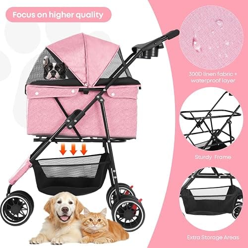Pet Stroller,Dog Stroller for Small Medium Dogs Cats,3 Wheels,Pink | Foldable,with Breathable Mesh Canopy,Cup Holders,Easy Assembly thumbnail 3