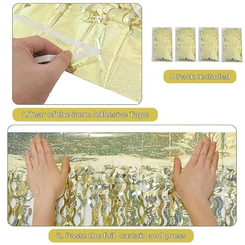 4 Pack Wavy Sparkle Champagne Gold Metallic Tinsel Foil Fringe Curtains Photo Booth Backdrop | Gold Streamer Backdrop for Holiday Celebration Bachelorette Party Decorations thumbnail 5