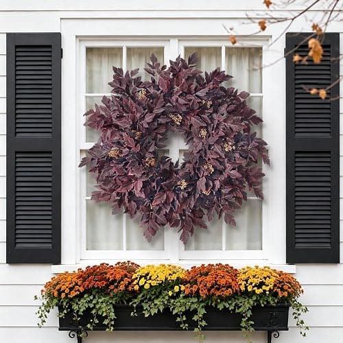 26" Artificial Cimicifuga Fall Wreath for Halloween Front Door(Dark Purple) | Realistic Large Fake Cimicifuga Leaf,Lush Faux Halloween Wreath,for Window Front Porch Outdoor Farmhouse Autumn Home Decor thumbnail 5