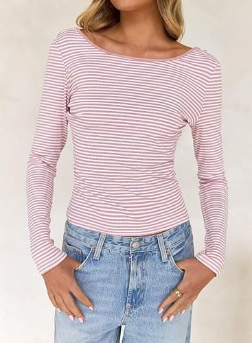 Falechay Long Sleeve Shirts for Women Sexy Backless Striped Tops Going Out T-Shirt Y2K Crop Womens Blouse Boat Neck Outfit thumbnail 7