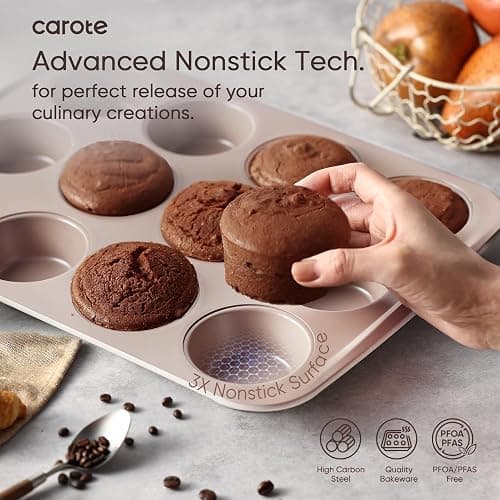 CAROTE 7-Piece Nonstick Stackable Baking Pans Set - Bakeware Sets Including Cookie Sheets for Baking, Muffin Pan, Bread Pan, Cake pan, Loaf Pan, Roasting Pan, Gray & Khaki thumbnail 4