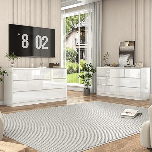 jiteentarou White Malm Dresser for Bedroom, 55 Inch Full High Gloss Dresser with 7 Drawers, Modern Large Wood Chest of Drawer Handle Free, Living Room, Entryway, Hallway, White thumbnail 6