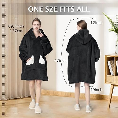 Touchat Wearable Blanket Hoodie, Oversized Sherpa Blanket Sweatshirt with Hood Pocket and Sleeves, Gifts Hooded Blanket for Adult Women Men (Black) thumbnail 5