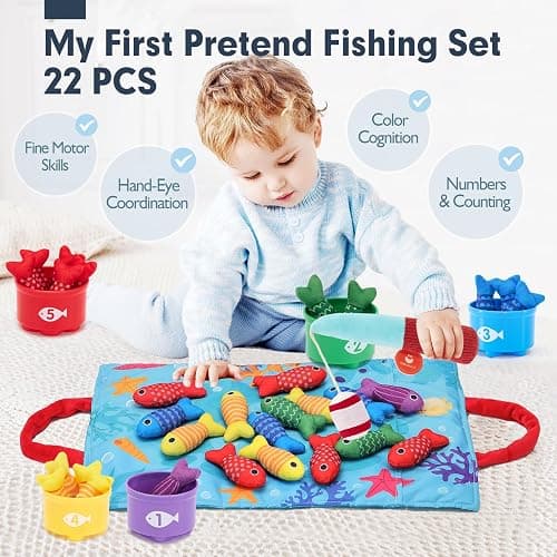 hahaland Montessori Toys for 1 Year Old Boy Girl Birthday Gift - 10 in 1 Cloth Fishing Game Easter Basket Stuffers for Toddler Toys 1-3 with Stacking Cups - Number Counting, Color Sorting Learning thumbnail 3