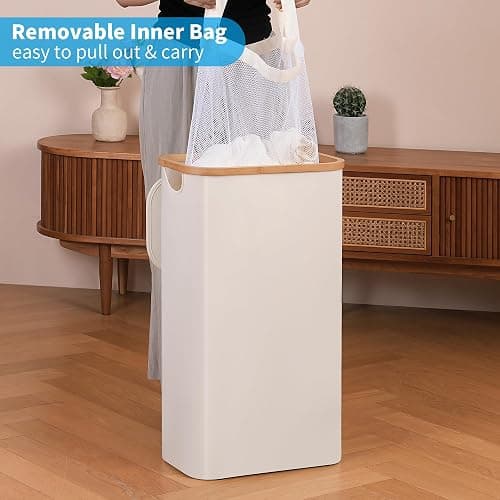 efluky Panier à Linge étroit 63L, Panier à Linge Mince avec Couvercle, Beige Bac à Linge Pliable avec Poignées en Bambou et sac Amovible pour Chambre, Salle de Bain, Buanderie - Beige - 63L thumbnail 5