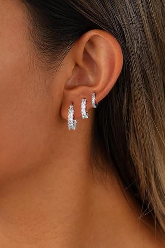 CAROVO 3 Pairs Gold/Silver Hoop Earrings for Women Trendy Dainty 14K Gold Plated Cubic Zirconia Stud Earrings Huggie Hoop Earrings Stack for Multiple Piercing Jewelry thumbnail 3