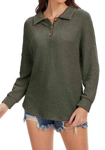 Balivsa Womens Tops Waffle Knit V-Neck Long Sleeve T-shirts Button Down with Pockets Tunic Fashion Clothing thumbnail 3