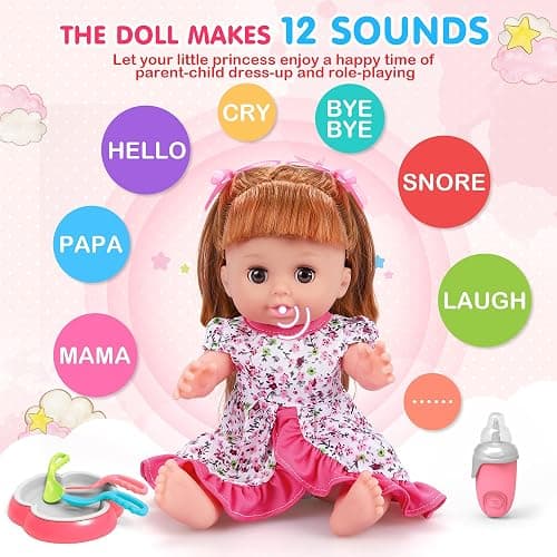 Baby Doll Toys Set, 14" Doll Toys, 25Pcs Dolls Care Toy Playset, Toddlers Toy Doll Set Incl Cradle Crib, High Chair, Milk Bottle, Pacifier, Diaper, Baby Gift for Age 3 4 5 6+ Years Old Girls Boys thumbnail 5
