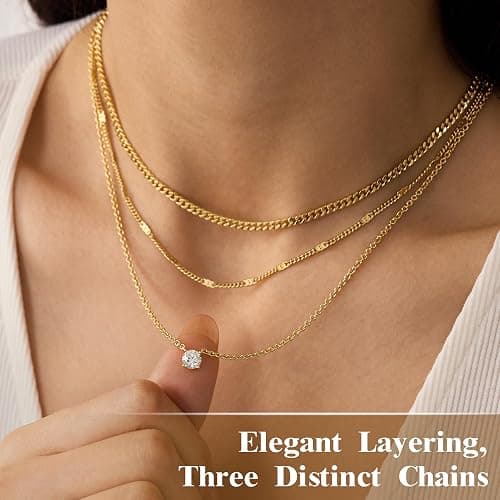 WomenGifts Layered Gold Necklaces for Women, 14K Gold Sterling Silver Plated Dainty Pendant Necklace Set Non Tarnish, Chunky Stackable Cuban Chain Choker, Trendy Birthstone Vacation Jewelry Gift thumbnail 3