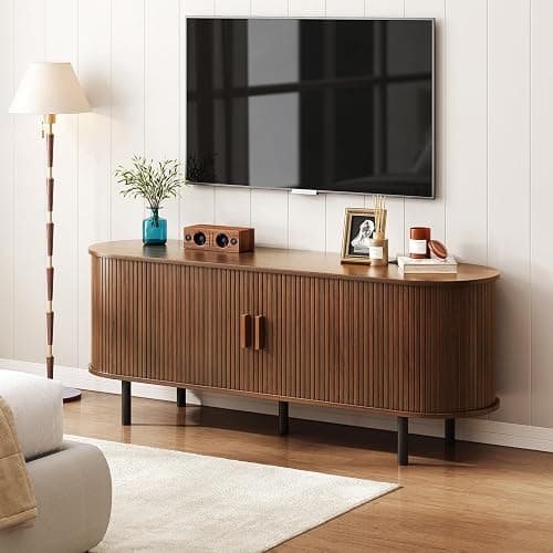 ONBRILL 55" TV Stand with Power Outlet for TVs up to 60 Inch, Entertainment Center with Storage and Adjustable Shelves, Modern Media Console with Sliding Doors for Living Room, Walnut thumbnail 7