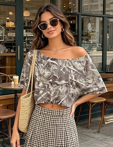 Kistore Off The Shoulder Tops for Women Going Out Short Sleeve Crop Top Boat Neck Loose T Shirt thumbnail 3