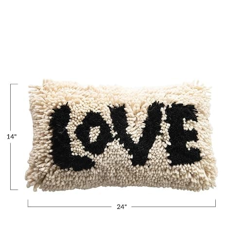 Creative Co-Op Woven Wool Shag Lumbar Pillow with Love Design, Black and Cream thumbnail 3