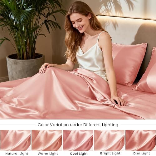 Love's cabin Satin Queen Sheets Set - 4 Piece Coral Silky Bed Sheets with Deep Pocket, Luxury Silk Feel Satin Queen Size Sheet Set (1 Flat Sheet,1 Fitted Sheet,2 Pillow Cases) thumbnail 7