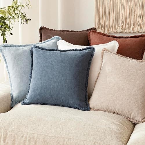 Foindtower Set of 2 Decorative Linen Fringe Lumbar Throw Pillow Covers Boho Farmhouse Cushion Cover with Tassels Soft Accent Pillowcase for Couch Sofa Bed Living Room Home Decor,12×20 Inch,Sky Blue thumbnail 2