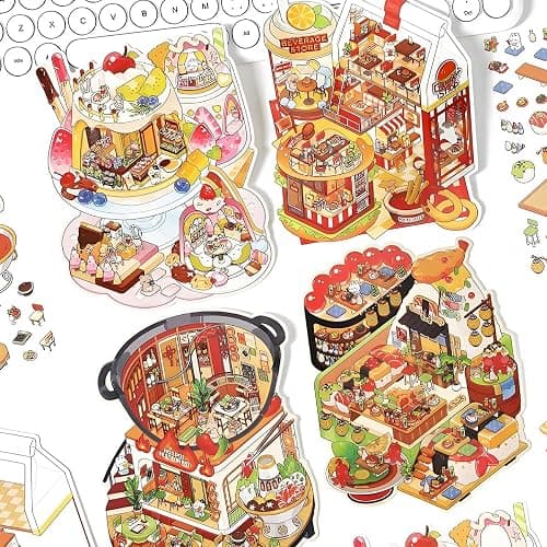 New 4PCS Fun DIY Stickers Scene，Cute 3D Korean Cartoon Scene Sticker for Adult and Children Relief Stress Pass The Time，Mini House Sticker with Tweezers(03) thumbnail 2