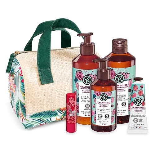 Yves Rocher Gift set Plaisir Nature, 6-piece Shower Gel 400ml, Hand cream 30ml, Body Lotion 390 ml, Lip balm 4.8 gr, Hand soap 190ml and a Free Vanity Case (Raspberry & Peppermint Gift Set) - Image 1