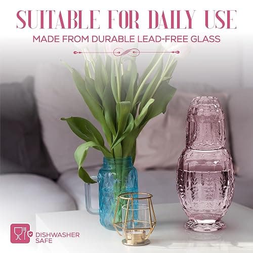 Elle Décor Vintage Bedside Water Carafe With Tumbler – Elegant Pitcher and Matching Drinking Glass Doubles As Lid For Guest Room, Office-Makes A Gift, 4.7x10.4, Pink thumbnail 6