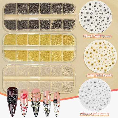 3 Boxes Caviar Nail Bead, Metal Nail Beads, Gold Silver Black Nail Beads | 0.6-2mm Round Caviar Nail Beads for Acrylic Nails Art DIY Crafts Embellishment Making thumbnail 5