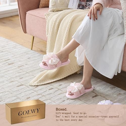 GOEWY Women's Open Toe Memory Foam Slippers -Cute Fuzzy Shoes with Lace Bow | Soft Plush House Slides for Indoor and Outdoor Comfort, Summer Cozy Non-Slip Gifts for Women Mom Ladies thumbnail 2
