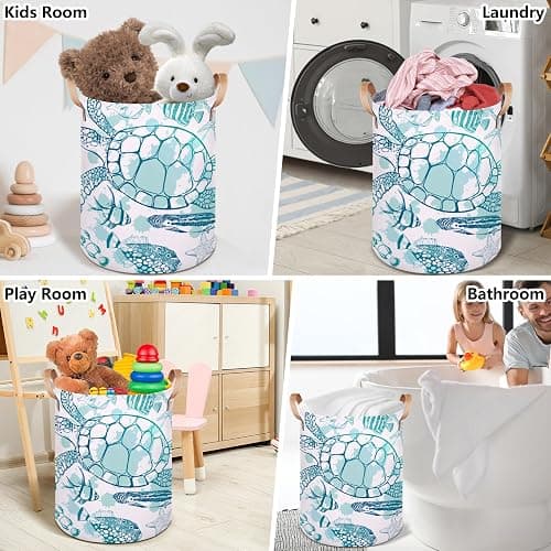 Large Laundry Hamper Basket Ocean Theme Round Freestanding Clothes Basket, Sea Turtle Collapsible Storage Organizer Bin with Leather Handles for Dirty Clothes Toys, Nursery Home Storage 16"W x 20"H thumbnail 4