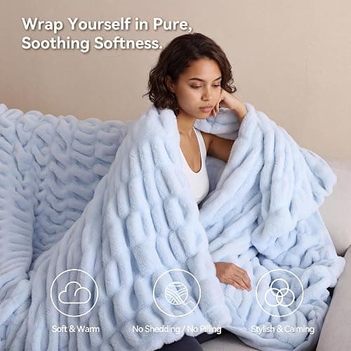 Smoofy Light Blue Fluffy Blanket for Couch - Luxury Faux Rabbit Fur 60"x80" | Ultra Soft & Plush Comfort Ruched Blanket, Cozy Fuzzy Fleece Throw for Sofa, Bed & Office, Gift for Women, Blue Room Decor thumbnail 6