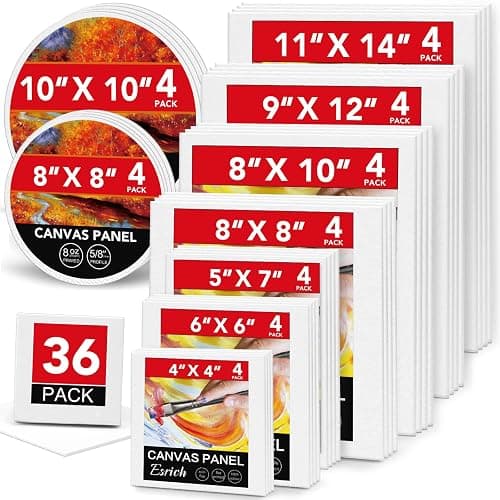 ESRICH Canvases for Painting, 36 Pack Canvas Boards 4x4, 6x6, 8x8, 5x7, 8x10, 9x12, 11x14, Round Canvas Panels with 8x8,10x10-Cotton Primed Blank Large Canvases for Acrylic, Oil, Gouache & Tempera. - Image 1