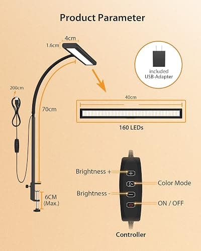 iFalarila 2024 Version Lampe de Bureau 160 LED avec Pince, 3 Modes, Plus Lumineuse, Flexible à 360° avec Adaptateur USB pour Travail, l'Étude ou Lecture thumbnail 8