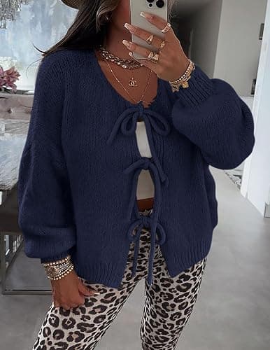 PRETTYGARDEN Women's Tie Front Bow Cardigan Sweaters Chunky Knit Long Puff Sleeve Trendy Fall Winter Jacket Coats thumbnail 7