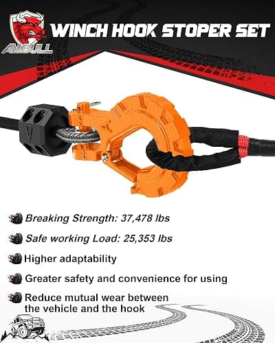 AMBULL 3/8" Winch Hook & Winch Cable Hook Stopper Sets, Heavy Duty Grade 70 Forged Steel Recovery Hook with Safety Latch, Included Allen Wrench,Max 37,478 Lbs, Orange thumbnail 6