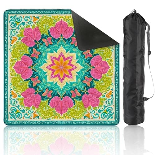 Mahjong Mat with Carrying Bag 31.5" x 31.5" Non-Slip Noise Reduction Floral Mandala Vibrant Pink Green Petals Teal Table Mat for Mahjong Poker Dominoes Card Board Tile Games - Image 1