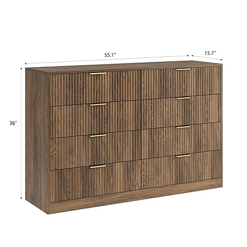 Sscaktu 8 Drawer Dresser for Bedroom, Modern Fluted Double Dresser, 55" Wide Chest of Dressers, Mid Century Wooden Beside Table for Closet, Living Room and Entryway, Natural thumbnail 3