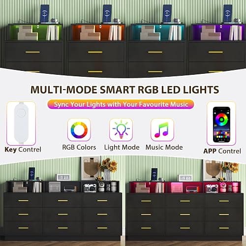 knoworld Black 9 Drawer Dressers for Bedroom, Modern Large Dresser with LED Light and Power Outlet, Wooden Long Dresser, Triple Dresser for Bedroom, Living Room, Entryway, Hallway thumbnail 4