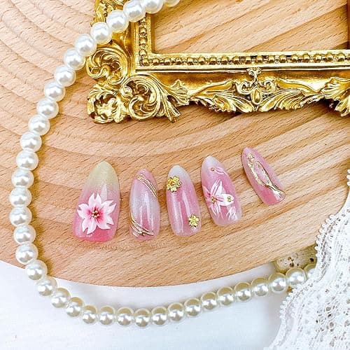 30Pcs Shiny Pink Press on Nails Medium Almond Fake Nails with Gold Beads 3D Flowers Designs Spring Acrylic Nails Peach Blossoms False Nail Gradient Pink Flower Full Cover Stick on Nails for Women thumbnail 6