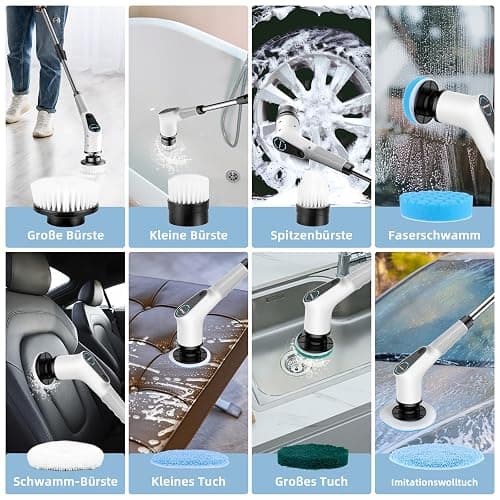 Elektrische Reinigungsbürste, 8 in 1 Electric Cleaning Brush mit austauschbaren Bohrbürstenköpfen, Wanne mopSet, Elektrische Putzbürste mit Verstellbarem Griff für Bad Küche Auto Fußboden thumbnail 6