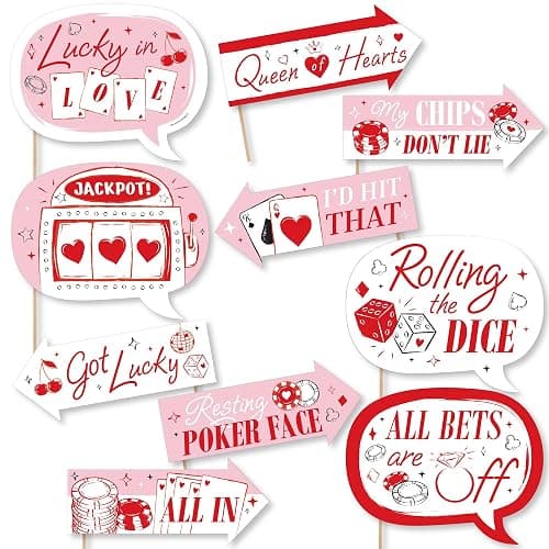 Big Dot of Happiness Funny Lucky in Love Photo Props, Las Vegas Bachelorette Party Decorations, Red & Pink Photo Booth Props Kit - 10 Piece - Image 1