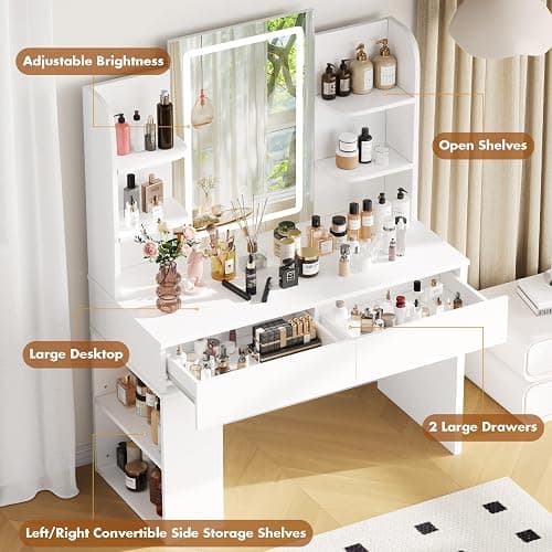 Devoko LED Lighted Dressing Table with Adjustable Brightness, Makeup Table with Mirror, with 2 Large Drawers and 4 Open Shelves and Side Locker, 90 x 40 cm, Modern Style for Bedroom, White thumbnail 3