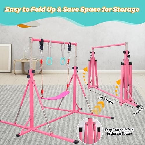 FC FUNCHEER Foldable Gymnastics Bar,5FT Horizontal bar,Adjustable Kids Training bar for Kids Ages 3-15,Kids Gymnastics bar,Triangle Stable Structure-Gym Equipment for Home thumbnail 7