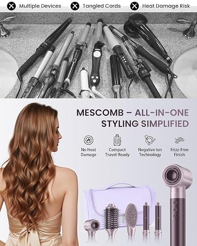 MESCOMB Dual Voltage Hair Dryer Brush - 5 in 1 Hair Styler for Travel | Drying, Curling, Straightening and Volumize with Auto-Wrap Curlers for Europe & Worldwide Use (100V–240V) Gift for Women thumbnail 8