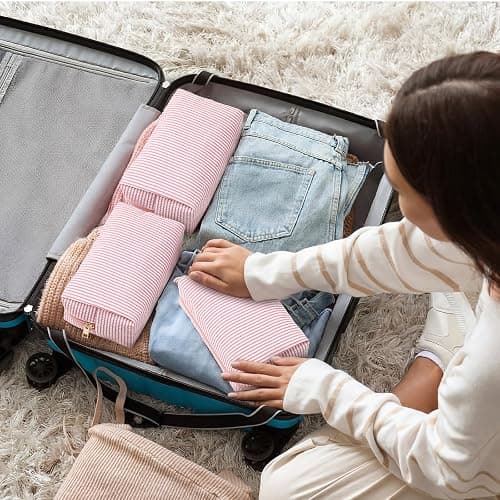 Sanwuta 6 Pcs Seersucker Cosmetic Bags Bulk, Striped Zippered,Coral Pink | Makeup Bags Women Pouch, Large Preppy Storage Toiletry Travel Pouch for Wedding Bridesmaid Bride Favor Back to Teacher Gift thumbnail 7