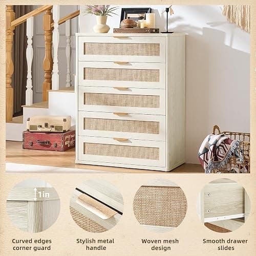 LEYAOYAO Rattan Dresser for Bedroom 41" Tall Chest of Drawers, Modern 5 Drawers Boho Dressers with Storage, Light Oak Dresser Wooden Closet Organizer for Living Room, Hallway, Grey White thumbnail 8
