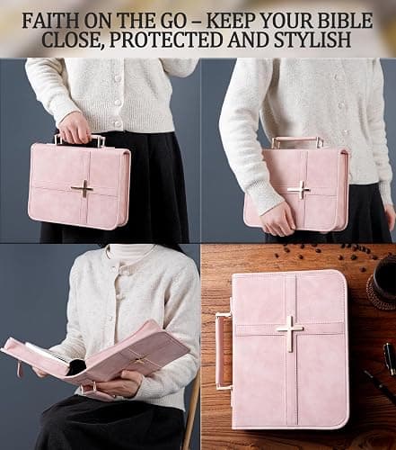 Vegan Leather Bible Cover Case, Bible Bag with Phone Pocket, Large Bible Case for Women, Christian Gift Box Packaging (Pink) thumbnail 6