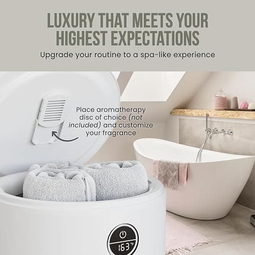 Fontaines Luxury Towel Warmer for Bathroom, Spa - Large Heated Thermal Bucket, Wood Handle, Safe Auto Shut Off, Fits Up to Two Large 40x70 Oversized Towels or Robes - White thumbnail 5
