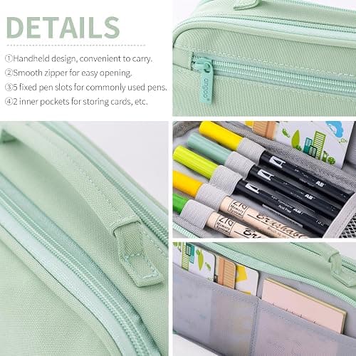 EASTHILL Large Capacity Pencil Case Pen Pouch Organizer Canvas Pencil Bag with Handle School Supplies for Teen Girls-Green thumbnail 5