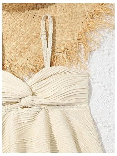 OYOANGLE Girl's 2 Piece Tankini Swimsuit Textured Twist Front Ruched Ruffle Bikini Set Bathing Suits - 10 Years - Beige thumbnail 3