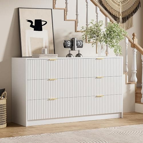 Furniway White Dresser for Bedroom, Modern Dresser with 6 Drawers and Smooth Slides, Wide Chest of Drawers with Golden Handles for Bedroom, Living Room, Closet, 15.7" D x 55.1" W x 31.4" H thumbnail 5