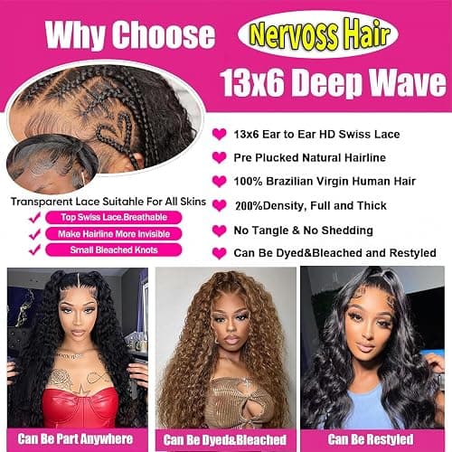 Nervoss 24Inch 13X6 Lace Front Wigs Human Hair 200% Density Deep Wave HD Transparent Lace Front Wigs Human Hair Pre Plucked Glueless Wigs Deep Curly Human Hair for Women With Baby Hair thumbnail 5